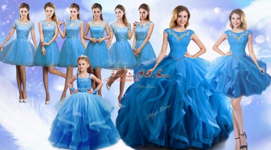 High Quality Sleeveless Organza Floor Length Lace Up Quinceanera Dresses in Baby Blue with Beading and Ruffles