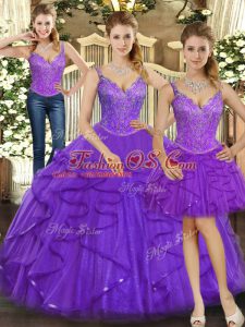Popular Floor Length Purple Quinceanera Gown Straps Sleeveless Lace Up
