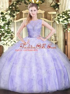 Sophisticated Sleeveless Floor Length Beading and Ruffles Backless Quinceanera Gowns with Lavender