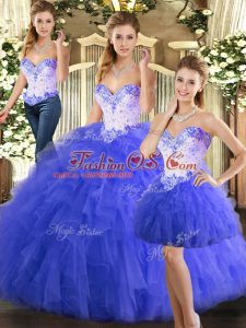 Popular Sleeveless Tulle Floor Length Lace Up Sweet 16 Dress in Blue with Beading and Ruffles