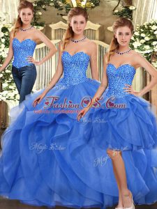 Blue Quinceanera Dress Military Ball and Sweet 16 and Quinceanera with Ruffles Sweetheart Sleeveless Lace Up