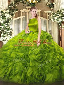 Scoop Sleeveless Clasp Handle Quinceanera Gown Olive Green Fabric With Rolling Flowers