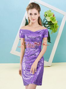 Unique Short Sleeves Sequined Mini Length Zipper Dress for Prom in Lavender with Sequins