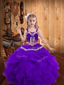 Eye-catching Eggplant Purple Straps Lace Up Embroidery and Ruffles Child Pageant Dress Sleeveless