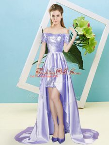Custom Designed Short Sleeves High Low Sequins Lace Up Dress for Prom with Lavender