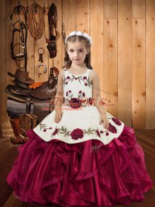Red Organza Lace Up Straps Sleeveless Floor Length Girls Pageant Dresses Embroidery and Ruffles