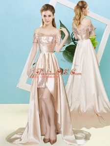 Champagne Empire Elastic Woven Satin and Sequined Off The Shoulder Short Sleeves Sequins High Low Lace Up Dress for Prom