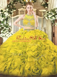 Captivating Yellow Green Sleeveless Fabric With Rolling Flowers Zipper Sweet 16 Quinceanera Dress for Military Ball and Sweet 16 and Quinceanera