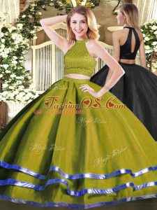Graceful Sleeveless Floor Length Beading Backless Quince Ball Gowns with Olive Green