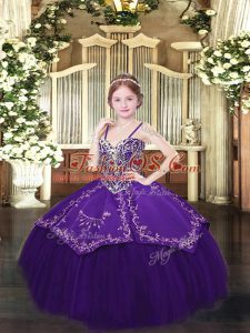 Floor Length Ball Gowns Sleeveless Dark Purple Child Pageant Dress Lace Up
