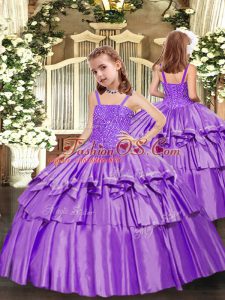 Floor Length Lavender Pageant Dress for Girls Straps Sleeveless Lace Up