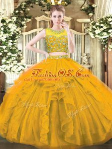 Gold Sleeveless Tulle Zipper Quinceanera Gowns for Military Ball and Sweet 16 and Quinceanera