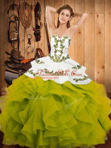 Cute Olive Green Satin and Organza Lace Up Strapless Sleeveless Floor Length 15 Quinceanera Dress Embroidery and Ruffles