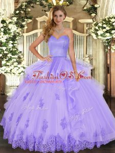 Charming Sleeveless Tulle Floor Length Lace Up Quinceanera Dress in Lavender with Beading and Appliques and Ruffles