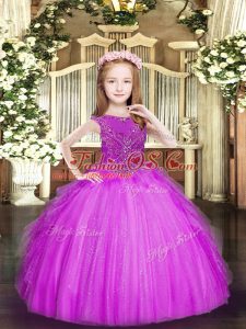 Beading and Ruffles Kids Formal Wear Fuchsia Zipper Sleeveless Floor Length