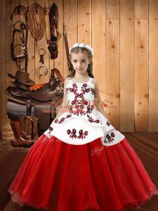 Sleeveless Organza Floor Length Lace Up Kids Pageant Dress in White And Red with Embroidery