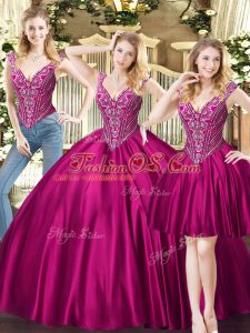 Cheap Fuchsia V-neck Lace Up Beading Quinceanera Gown Sleeveless
