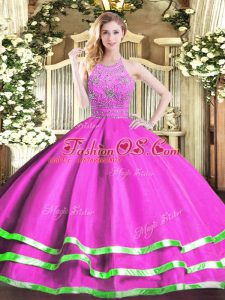 Attractive Fuchsia Tulle Zipper Sweet 16 Dresses Sleeveless Floor Length Beading