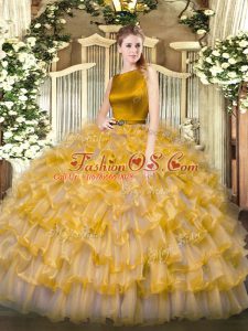 Sleeveless Organza Floor Length Clasp Handle 15 Quinceanera Dress in Gold with Ruffled Layers