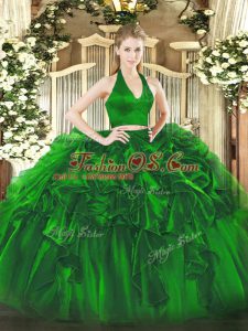 On Sale Floor Length Zipper Quince Ball Gowns Green for Military Ball and Sweet 16 and Quinceanera with Ruffles