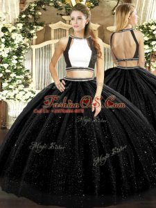 Black Two Pieces Ruching Sweet 16 Dresses Backless Tulle Sleeveless Floor Length