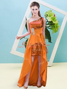 Orange One Shoulder Lace Up Beading and Sequins Homecoming Dress Sleeveless
