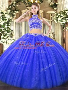 Floor Length Blue Ball Gown Prom Dress Tulle Sleeveless Beading