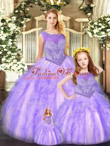 Lavender Lace Up Scoop Beading and Ruffles Ball Gown Prom Dress Organza Sleeveless