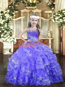 Sweet Floor Length Lace Up Little Girl Pageant Gowns Lavender for Party and Quinceanera with Beading and Ruffled Layers