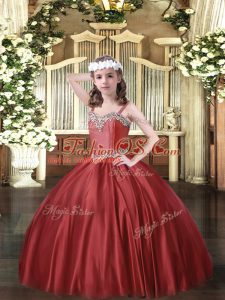Straps Sleeveless Lace Up Girls Pageant Dresses Wine Red Satin