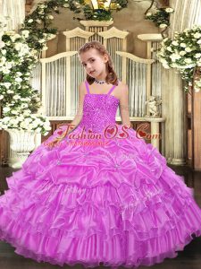 Lilac Ball Gowns Beading and Ruffled Layers and Pick Ups Pageant Dress for Teens Lace Up Organza Sleeveless Floor Length