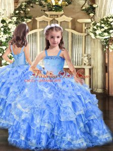 Trendy Baby Blue Sleeveless Organza Lace Up Kids Pageant Dress for Party and Quinceanera