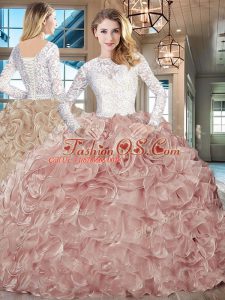Fashion Pink And White 15th Birthday Dress Sweet 16 and Quinceanera with Lace and Ruffles Scoop Long Sleeves Brush Train Lace Up