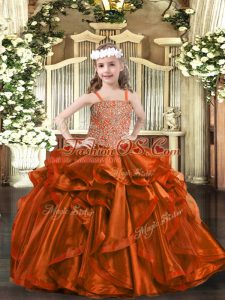 Floor Length Rust Red Child Pageant Dress Straps Sleeveless Lace Up