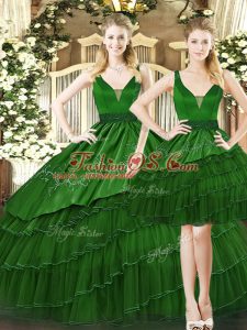 Discount Straps Sleeveless Lace Up Quinceanera Gown Dark Green Tulle