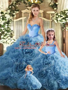 Sleeveless Fabric With Rolling Flowers Floor Length Lace Up Sweet 16 Quinceanera Dress in Teal with Beading