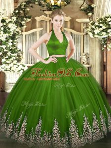 Exquisite Floor Length Olive Green Quince Ball Gowns Halter Top Sleeveless Zipper