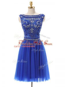 Royal Blue Empire Beading Dress for Prom Zipper Tulle Sleeveless Mini Length