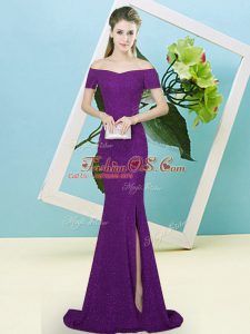 Modern Dark Purple Off The Shoulder Zipper Sequins Prom Party Dress Sweep Train Short Sleeves