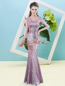 Customized Floor Length Lilac Prom Dresses V-neck Cap Sleeves Zipper