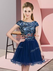 Designer Navy Blue Zipper Wedding Party Dress Sequins Cap Sleeves Mini Length