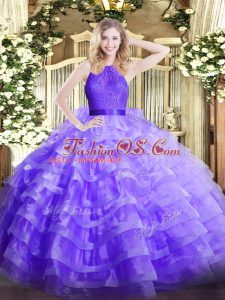 Classical Sleeveless Organza Floor Length Zipper Ball Gown Prom Dress in Lavender with Ruffled Layers