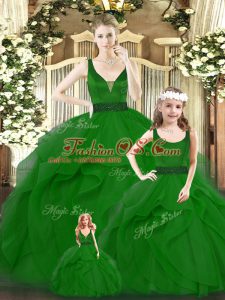 Green Sleeveless Floor Length Ruffles Zipper Quinceanera Dress