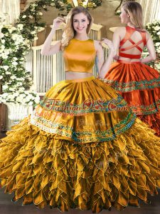 Floor Length Criss Cross Quince Ball Gowns Brown for Military Ball and Sweet 16 and Quinceanera with Ruffles and Sequins