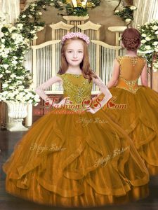 Low Price Brown Tulle Zipper Scoop Sleeveless Floor Length Little Girls Pageant Dress Beading and Ruffles