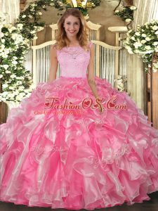 Exceptional Hot Pink Organza Clasp Handle Scoop Sleeveless Floor Length Ball Gown Prom Dress Lace and Ruffles