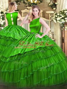 Top Selling Green Scoop Neckline Embroidery and Ruffled Layers 15 Quinceanera Dress Sleeveless Clasp Handle