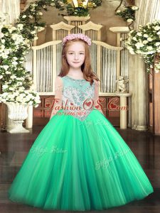 Sleeveless Tulle Floor Length Zipper Little Girls Pageant Dress Wholesale in Turquoise with Beading
