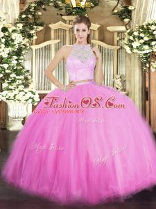 Sumptuous Sleeveless Tulle Floor Length Zipper Ball Gown Prom Dress in Rose Pink with Lace