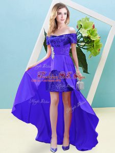 Elastic Woven Satin and Sequined Off The Shoulder Short Sleeves Lace Up Beading Prom Party Dress in Purple